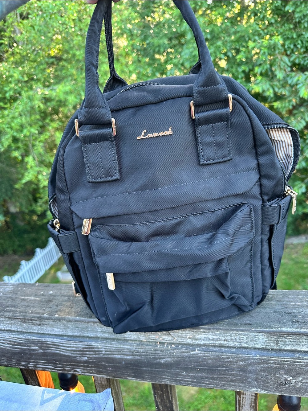 Lovenook mini Black Nylon Convertible Backpack Tote with Gold Accents